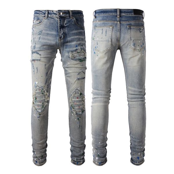 Mens Jeans para rapazes Rip Slim Fit Skinny Man Calças Red Star Patches Vestindo Biker Denim Stretch Cult Stretch Motocicleta Trendy Long Straight Hip Hop com Buraco Blue5CXD