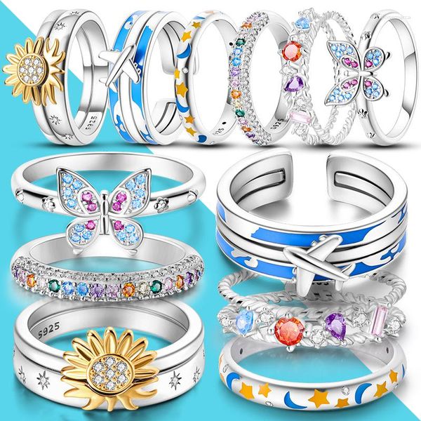 Cluster Rings 925 Silver Fine Wedding For Women Butterfly Moon Star Sun Travel Luxury Color Zircon Girl's Engagement Ring