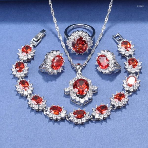 Collana Orecchini Set Gioielli Da Sposa Rosso Granato Dubai Con Set Di Anelli Nuziali Di Moda Per Bracciale Con Clip Da Donna