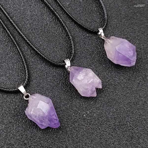 Anhänger Halsketten Amethyst Kristall Halskette Raw Lila Druse Stein Tropfen Charms Für Frauen Männer Schwarz Seil Kette Großhandel