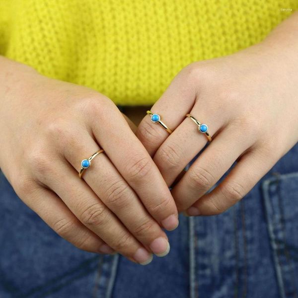 Alianças de casamento 2023 anel de noivado delicado simples cor de ouro turquesas para mulheres redondas únicas joias de pedra azul