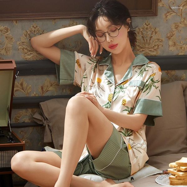 Roupa de dormir feminina CRLAYDK 2023 verão feminino cetim fruta estampada manga curta botão para baixo camisa loungewear pijama conjunto pijamas de seda