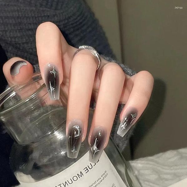 Unhas postiças 24 pçs Star Moon Y2k Falsa Press On Long Coffin Wearable Black Gradient With Designs Full Cover Cover Nail Tips