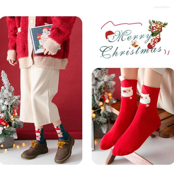 Calzini da donna Cartone animato Calze natalizie Autunno e inverno Santa Elk Regalo caldo Rosso lungo