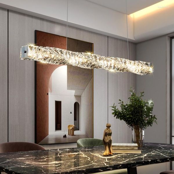 Luminárias pendentes de alta qualidade LED lustre de cristal luz luxo pós-moderno simples sala de jantar bar escritório faixa criativa aço inoxidável