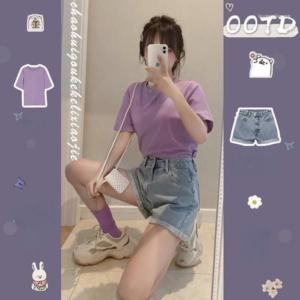 Damen Trainingsanzüge Sommer 2023 Koreanisches System Ins Lila T-Shirt Kleines Kind Modische Mini Jeans Kurzer Rock Zweiteiliges Set Y2k
