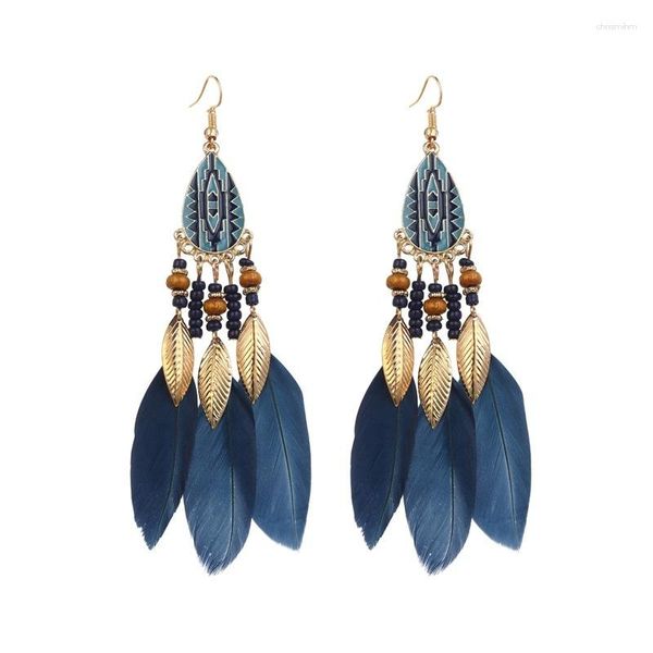 Baumelnde Ohrringe Vintage Ethnischer Stil Feder Für Frauen Boho Quaste Blatt Perlen Retro Lange Tropfen Schmuck Böhmen