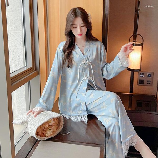 Женская одежда для сна женщины в китайском стиле ночная одежда пижамы винтажная лягушка бамбук с двумя частями сексуально атласная v-образование PJS повседневная пижама