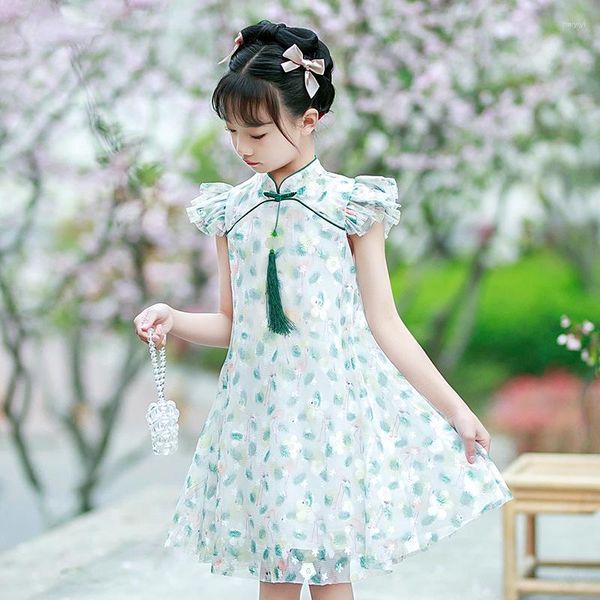 Abbigliamento etnico Moda Ragazze Hanfu Toddler Baby Abbigliamento per bambini Qipao Stile cinese Vintage Cheongsam con stampa verde