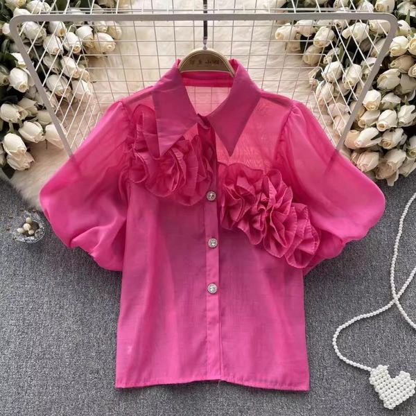 Camicette da donna Summer Sweet Ruffles Colletto rovesciato Camicia bianca Puff Manica corta Monopetto Prospettiva ampia Top