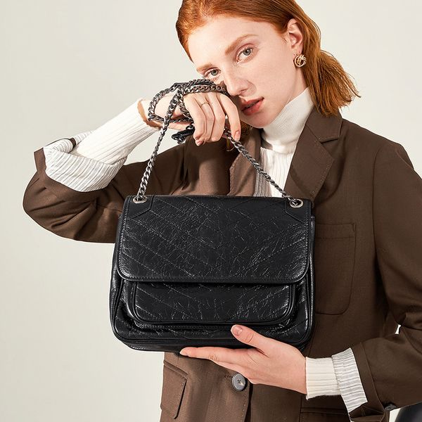 Designer marque sac luxe niki classique femmes une épaule sac à bandoulière huile cire cuir couche supérieure peau de vache ferreux chaîne mode sacs à main vintage