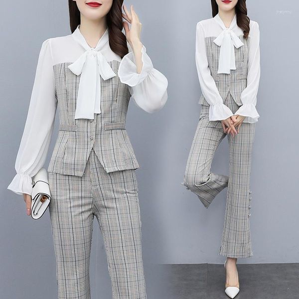 Zweiteilige Damenhose 2023 Frühling Bürodame Zweiteiliger Berufsanzug: Langarm-Bluse aus weißem Chiffon mit Nähten und Knöpfen, elegant