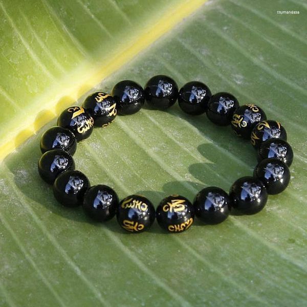 Fios com contas Fios tibetanos masculinos budistas orações símbolos meditação ônix preto mala pulseira presente Raym22