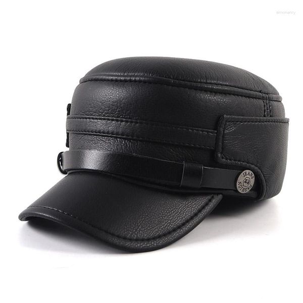 Ballkappen Herren Wintermütze 2023 Warme weiche Leder-Baseballmütze für Männer Dad Bone Male Flat Army Military Hats Schwarz