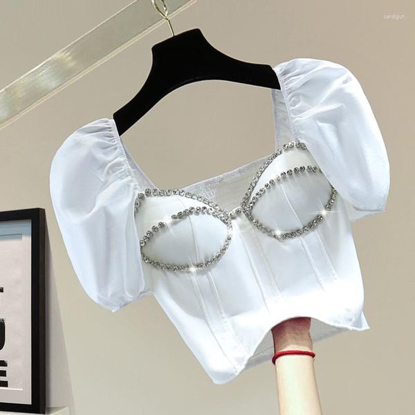 Blusas Femininas Diamante Plissado Cinched Blusa 2023 Verão Estilo Coreano Sexy Girls Crop Tops Camisas de Cintura Alta Top Mulheres Camisa de Colar Quadrado