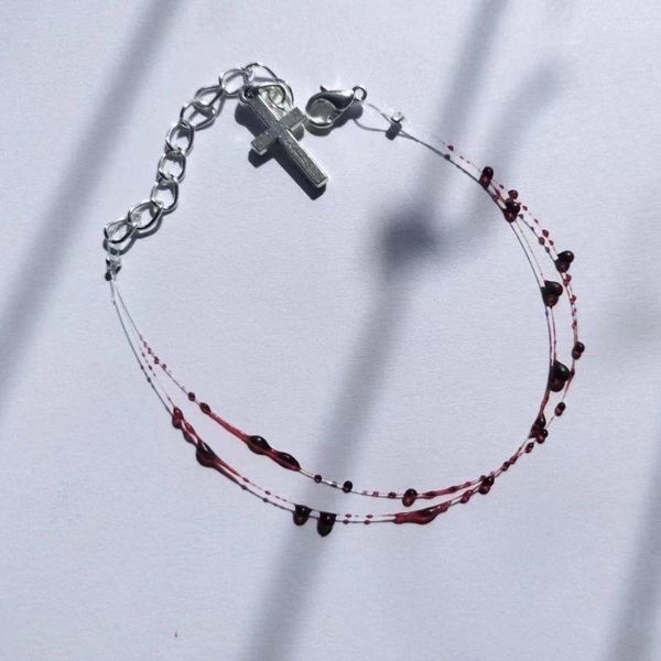 Pulseiras de link únicas com gota de sangue vermelho, pulseira de cruz gótica, corrente punk, para mulheres, homens, cosplay, festa, joias, acessórios, presentes