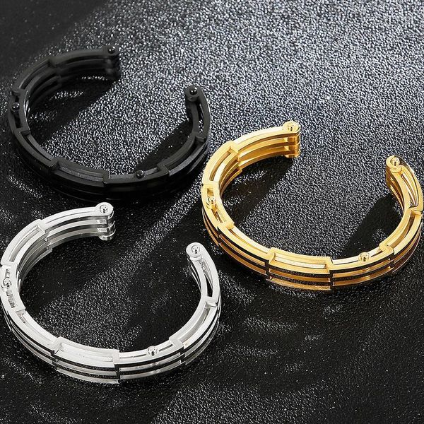 Pulseira de aço inoxidável dourada maciça aberta para homens, meninos, acessórios para joias à mão, nome do logotipo, gravação grátisBangleBangle Raym22