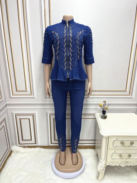 Etnik Giyim 2 Parça Set Denim Dashiki Afrika Giysileri Kadınlar Bahar Sonbahar Moda 3/4 Kol Üstü ve Pantolon High Street Chic Sets