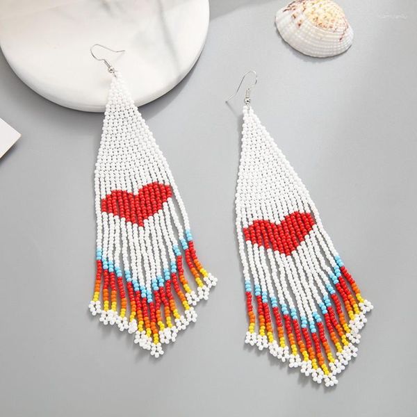 Brincos Pendentes DIA DOS NAMORADOS CANDELABRO Vermelho Branco Coração Frisado Borla Para Mulheres Love Ear Acessórios Contas De Semente Jóias Boho