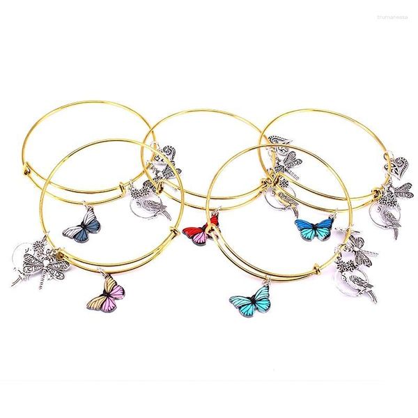 Conjunto de pulseiras de arame com 5 peças para mulheres e meninas, joias, borboleta, papagaio, libélula, amor, coração, pulseiras, pulseiras, jóias, C047, Raym22