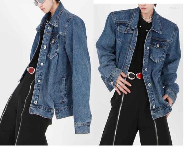 Jaquetas masculinas Lrregular Design de ombro com ombreiras Jaqueta jeans masculina punk masculina Outwear Jeans