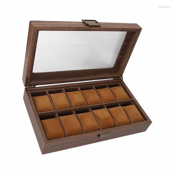 Uhrenboxen Box Organizer 12 Fächer Holzmaserung Luxus Display Aufbewahrungskoffer Ultra glatte PU-Leder-Innenseite für Brillen