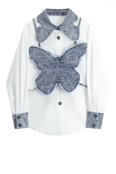 Damesblouses SuperAen 2023 lente wit shirt met lange mouwen ontwerp niche patchwork denim contrast dames shirts