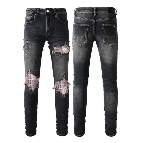 Mens Jeans para rapazes Rip Slim Fit Skinny Man Calças Red Star Patches Vestindo Biker Denim Stretch Cult Stretch Motocicleta Trendy Long Straight Hip Hop com Buraco Blue0MG3