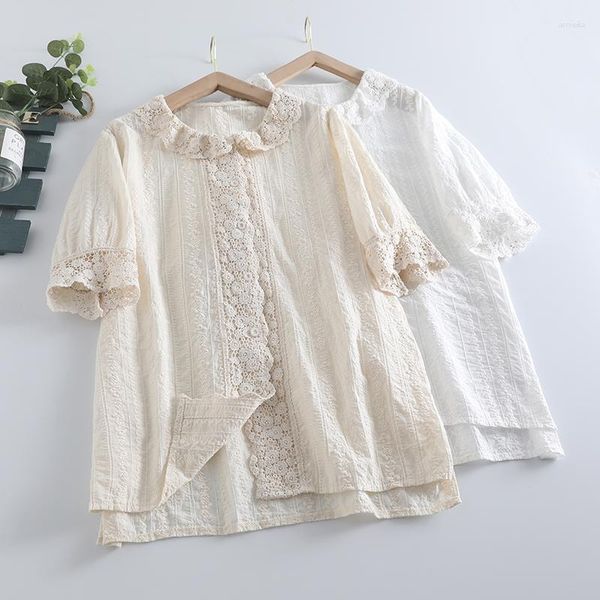 Blusas Femininas Estilo Japão Em Gancho Flor Renda Crochê Camisa de Manga Curta Algodão Bordado Cor Sólida Tops Femininos Mujer Casual Bonito