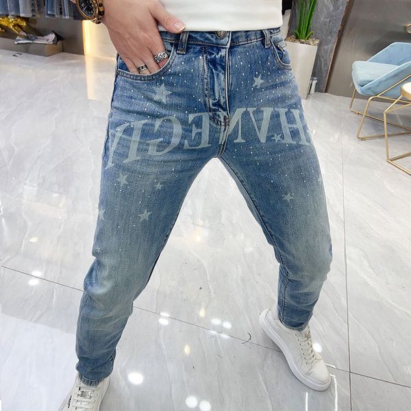 Men's Trend Jeans Star Printing Hot Diamond Streetwear Slim Fit Versátil Calças Masculinas Moda Marca Pé Pequeno Calças Denim Roupas Masculinas