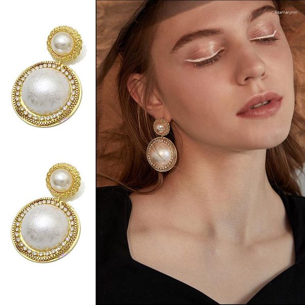 Brincos pendentes cor de ouro grande gota de pérola cristal redondo vintage para mulheres elegantes 2023 tendência feminina festa noiva jóias