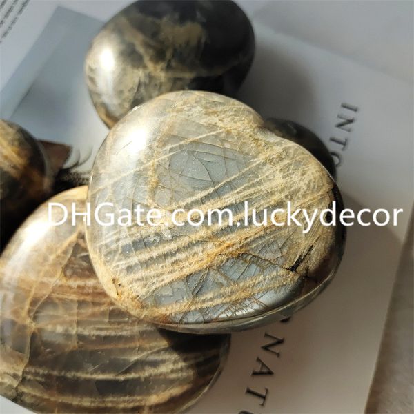 Natural Black Moonstone Puffy Heart Home Decor Flash Feldspato Gemma Love Palm Pocket Worry Stones Chatoyant Moon Divine Quartz Crystal Campione per lavoro energetico