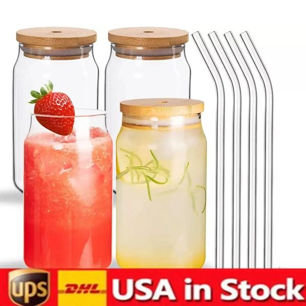 16 Unzen DIY leere Sublimation Dosenbecher geformte Bierglasbecher mit Bambusdeckel und Strohhalm für Eiskaffee-Soda USA CA Stock JN24