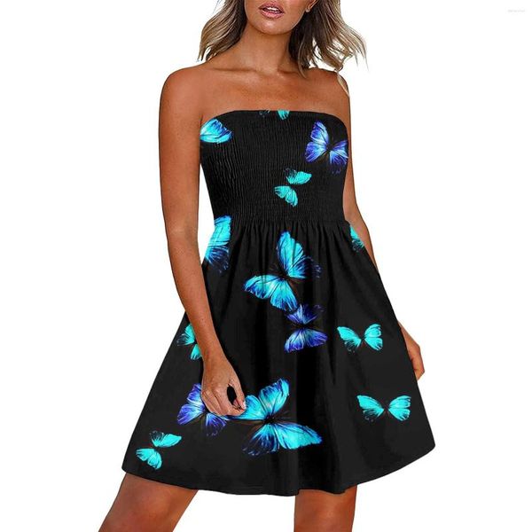 Günlük Elbise Straplez Yaz Elbisesi Kadın Plajı Boho Kapak Kapalı Omuz Kelebek Çiçek Sundresses V Boyun Kadın Vestidos