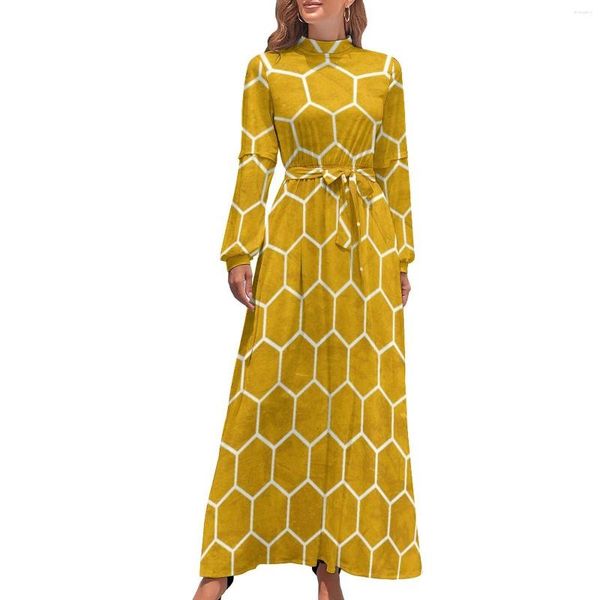 Vestidos Casuais Vestido Geométrico Estampado Amarelo Hexágono Elegante Maxi Moda Coreana Boho Beach Longo Cintura Alta Vestido Personalizado