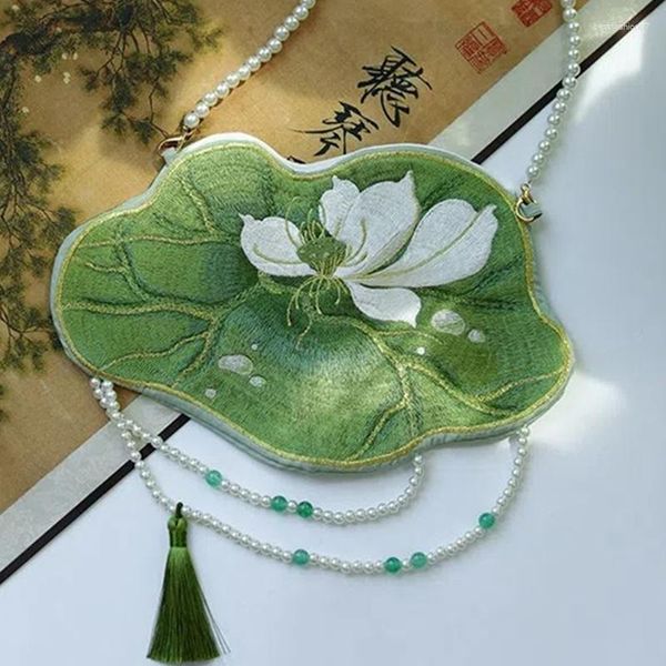 Sacos de compras Hanfu requintado saco móvel com bordado folha de lótus verde dupla face tecido pequeno antigo chinês