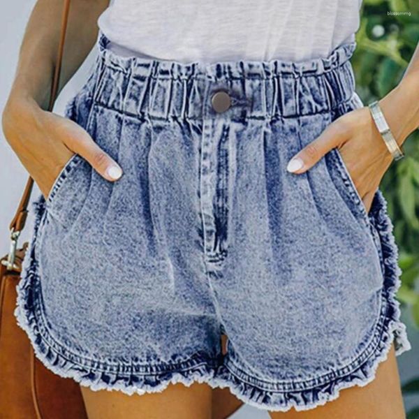 Frauen Shorts Elastische Taille Denim Frauen Unregelmäßige Rüschen Damen Für Mädchen Streetwear Casual Mini Sexy Jeans 2023