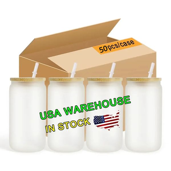 US CA Warehouse 16oz Copos de sublimação Canecas de cerveja com tampas de bambu e copos de palha DIY Blanks Latas de transferência de calor Copos gelados Copos de pedreiro JN24