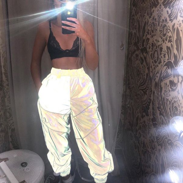 New Flash Reflective Calça Jogger Outono Inverno Feminino Casual Cinza Sólido Streetwear Calça de Moletom Strip Hip Hop Harém