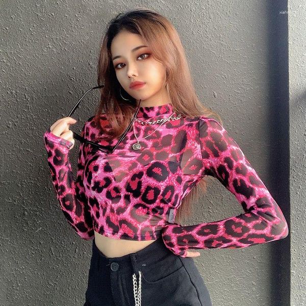 Frauen Blusen 2023 Sexy Rosa Leopard Print Durchsichtiges Mesh T-shirt Weibliche Hälfte Stehkragen Feminine Y2K Koreanische Mode