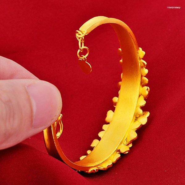 Pulseira de punho feminina com padrão de folha de coração ouro amarelo cheia de ouro Dubai pulseira de casamento presente de luxo