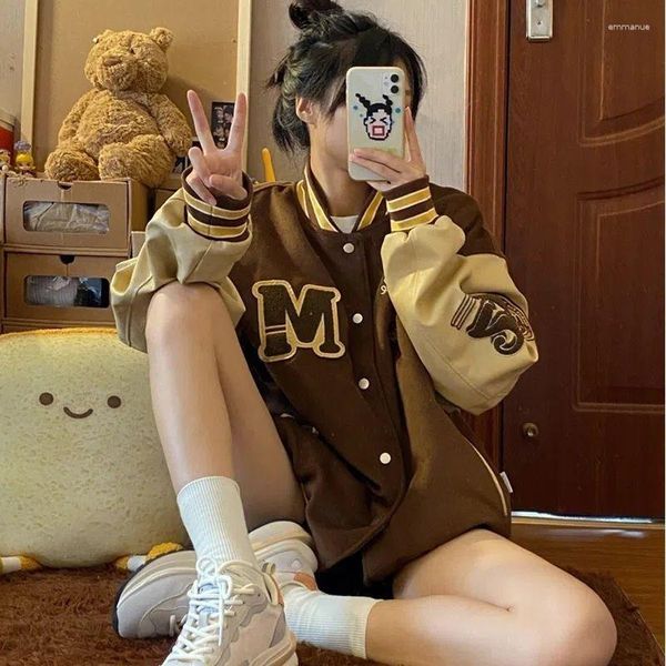 Jaquetas femininas HOUZHOU Vintage Varsity Jacket Feminino Oversize Baseball Moda Coreana Streetwear Bomber Coats College Couple Estética