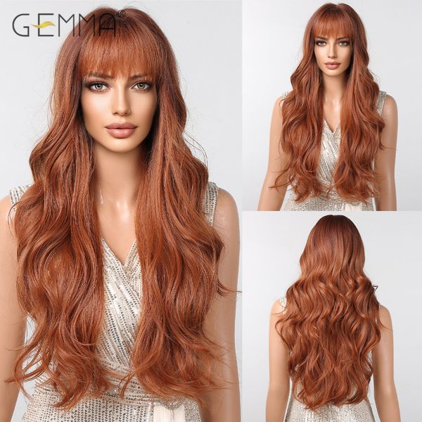 Cosplay-Perücken GEMMA Copper Ginger Lange gewellte synthetische Perücke mit Pony Rotbraune natürliche Wellenhaarperücken für Frauen Hitzebeständige Cosplay-Perücke 230621