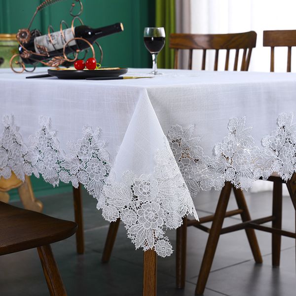 Toalha de mesa Toalha de mesa de linho branco algodão retangular flor americana tecido armário de tv nórdico pano de mesa rendado padrão moderno 230621