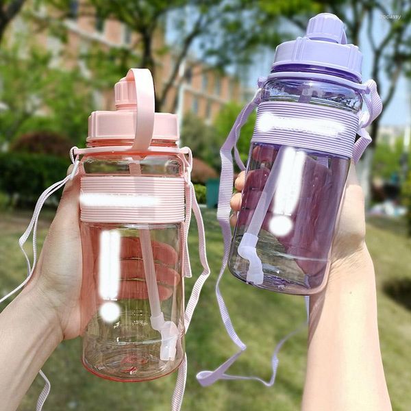 Wasserflaschen Großhandel 4 Bonbonfarben 1000 ml Ernährung Tragbare Kunststoff-Sportstrohflasche mit Silikon-Verbrühschutz
