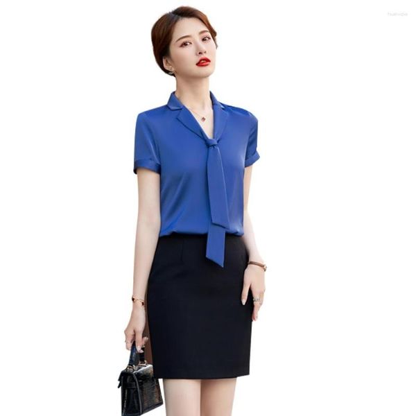 Blusas femininas verão camisas azuis femininas 2 peças saia e top conjunto escritório senhoras trabalho manga curta estilo OL