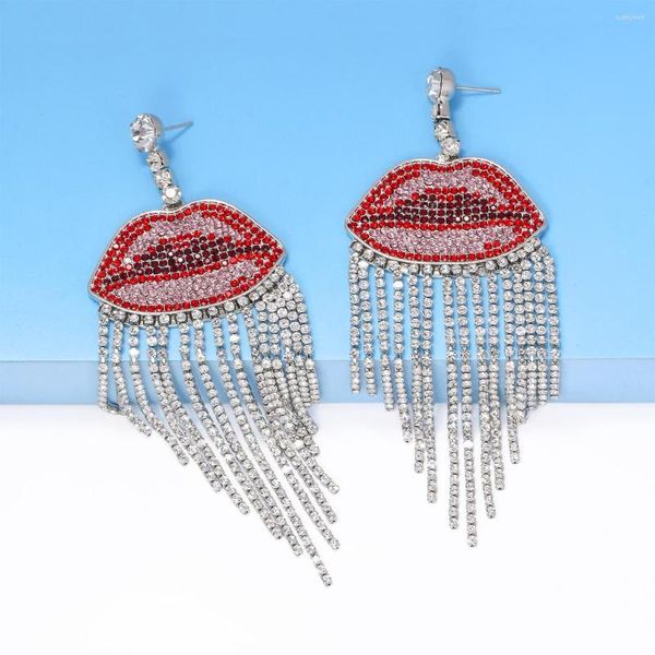 Baumeln Ohrringe Mode Kristall Sexy Lip Lange Quaste Für Frauen Boho Metall Strass Erklärung Schmuck Großhandel