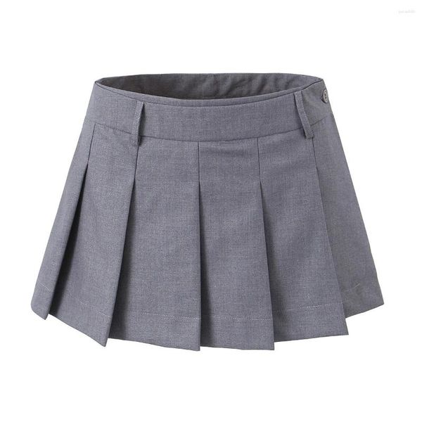 Saias Mini Y2k Roupas Estilo Coreano Para Mulheres Bonita Saia Plissada Micro Cintura Alta Caqui Com Shorts