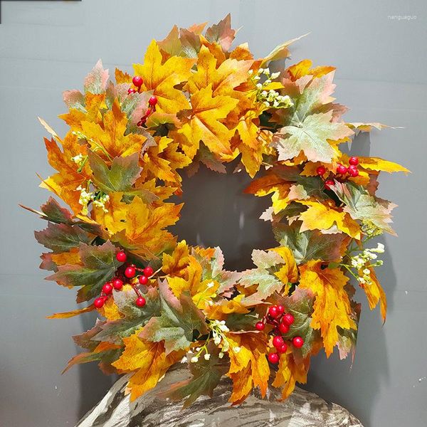 Dekorative Blumen, simulierte Girlande, nordischer Stil, Weihnachtsdekoration für Zuhause, Türdekoration, amerikanische Herbstblätter, Blumenring, rund, 3 Farben, 4 Größen