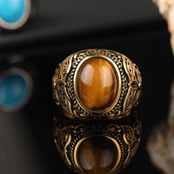 Cluster Ringe Edelstahl Natürliche Tigerauge Blume Band Stein Ring Für Männer Frauen Antike Modeschmuck Fabrik Großhandel